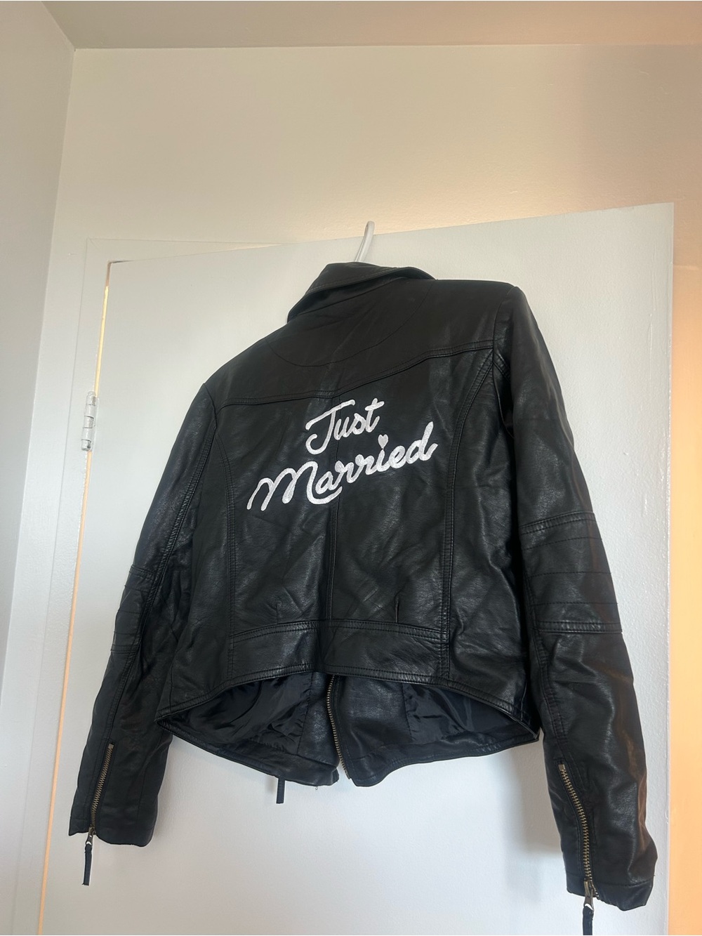 David's Bridal Black Leather 'Just Married' Moto Jacket